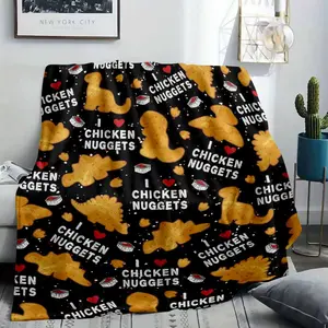 Chicken Nuggets Flannel Blanket Cute Dino and Heart Pattern Soft Warm Lightweight Cozy Throw for Sofa Bedroom Living Room Office Travel Camping Gift Use