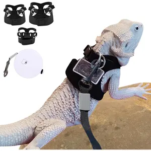 3 Pack Bearded Dragon Harness and Leash Set - Adjustable Soft Leather Lizard Harness with Retractable Leash Small Animal Traction Rope Walking Vest Accessories for Reptile Squirrel Rat (Black) Adjustable Soft Leather Reptile Leash