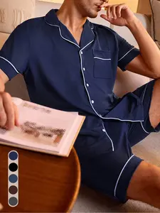 Men Women Casual Home Loungewear Short Sleeve Pyjamas Set, Pure Color Side Pocket Button Front Top + Striped Shorts, Comfortable Skin-Fit Fabric