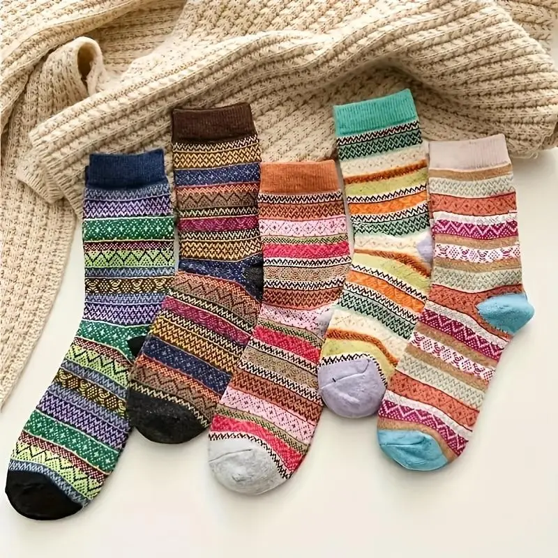 Women's Nordic Knitted Socks (10 Pairs) - Assorted Colored Mid-Calf, Extra Thick Winter Thermal, Warm, Cozy, Comfortable, Stylish Casual Wear for Cold Days, Assorted Colored Mid-Calf Socks, Stripe, 10 Pairs Of Mixed Colors, Cute, Thigh High, Foldable, Eas