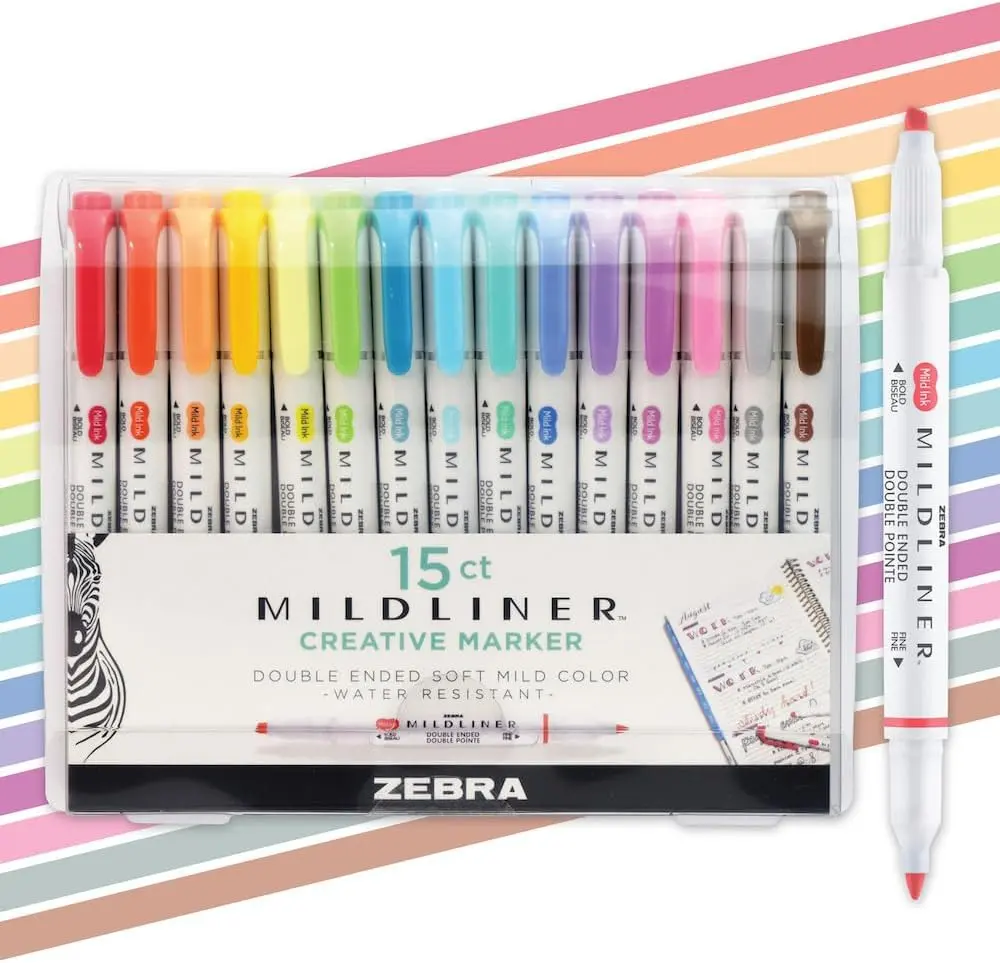 Zebra Pen MILDLINER No Bleed Highlighter, Assorted Colors, Dual Tip, 15-Pk | Broad and Fine Point Tip Marker Set, Ideal for Bible Highlighting, Journaling, School, Teacher and Office Supplies (78115)