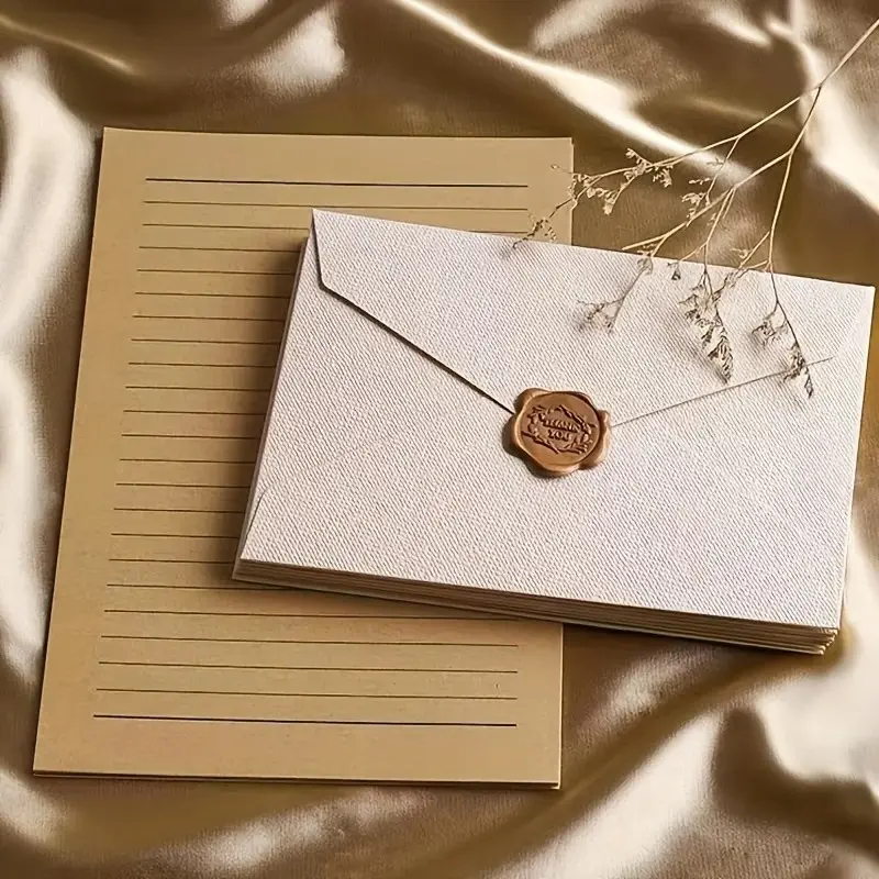 Vintage Stationery Paper Set with Unique Envelopes, Includes 3 Hemp Fabric Envelopes, 10 Writing Papers, 3 Wax Seals, Ideal for Wedding Invitations and Cards, Office Supplies