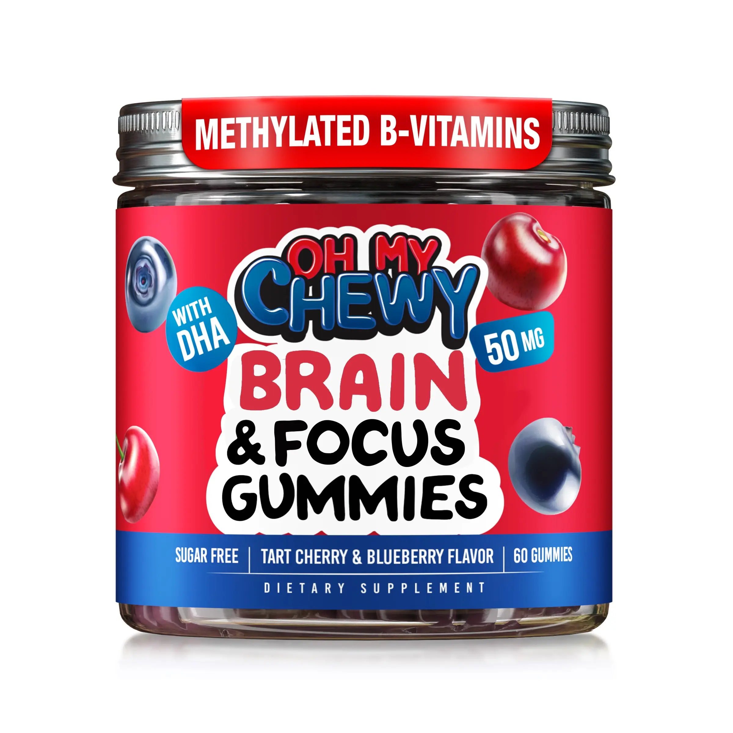 Center-Filled Brain and Focus Gummies for Kids & Teens Support - Sugar Free Memory and Cognition Supplements with DHA, Methylated B Vitamins, Folate, Zinc and L-Theanine - 60 Count, Dietary, Pectin