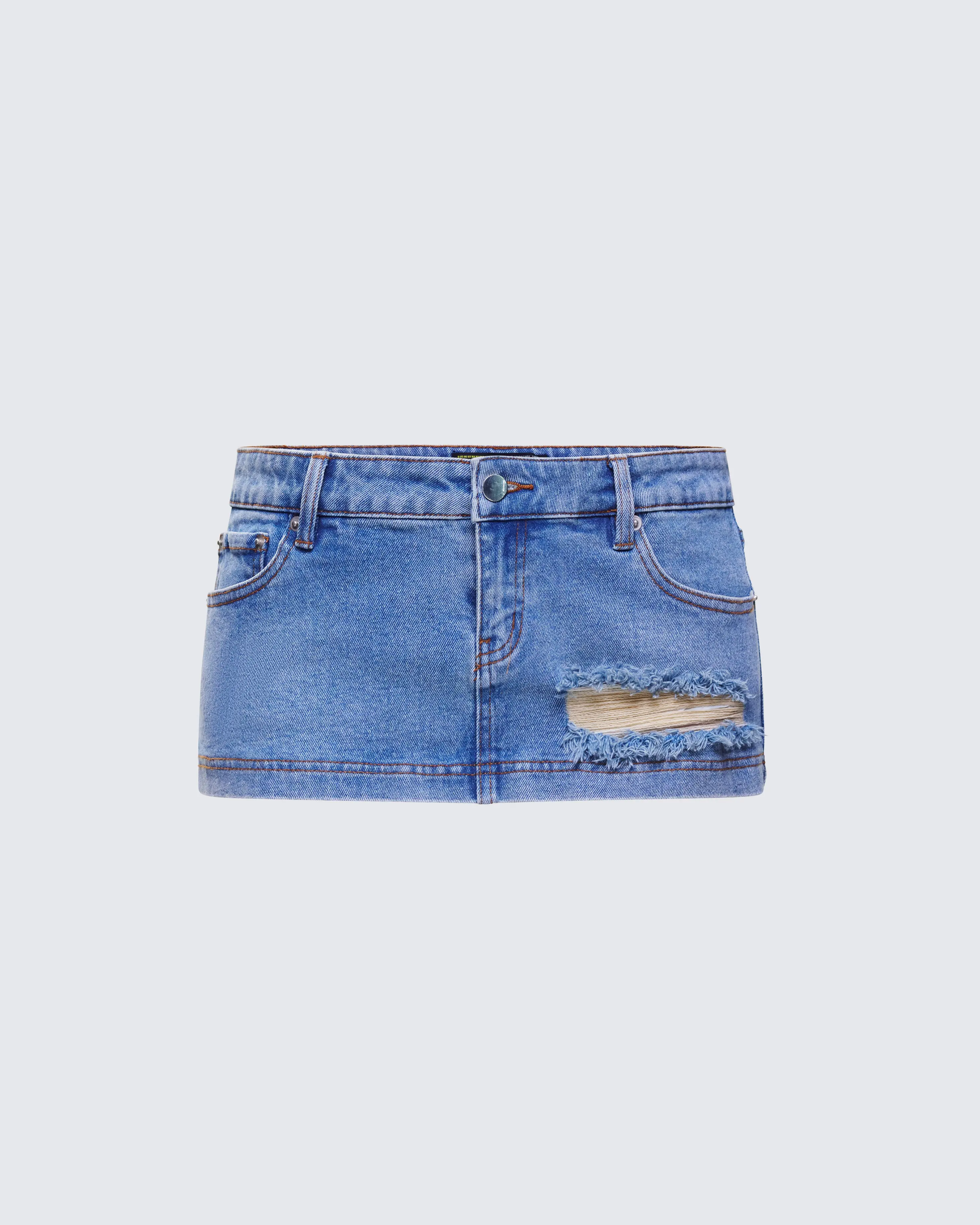 Women's Low-Rise Micro Mini Denim Skirt - Distressed Blue Cotton Blend, Front Rip, Frayed Hem, Button Accent, Slim Fit, Spandex, Casual for Late-Night Plans, Ripped, Xs