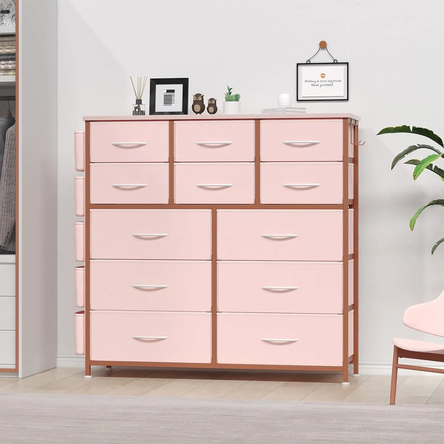 Tall 12 Drawer Fabric Dresser With Side Pockets And Steel Frame Space Saving Vertical Storage Chest For Bedroom Living Room Hallway Entryway Closet Organizer Durable Practical Design Pink