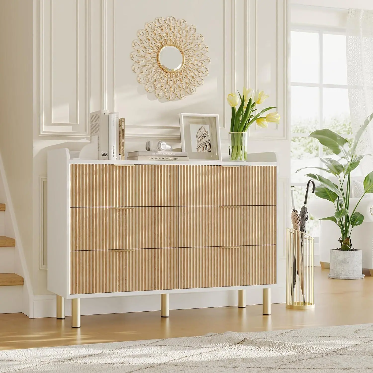 Dresser for Bedroom 47inch Fluted Wood Double Dresser with Metal Handles Curved Design Wide Storage Organizer Cabinet Wood Storage Double for Bedroom Living Room Entryway