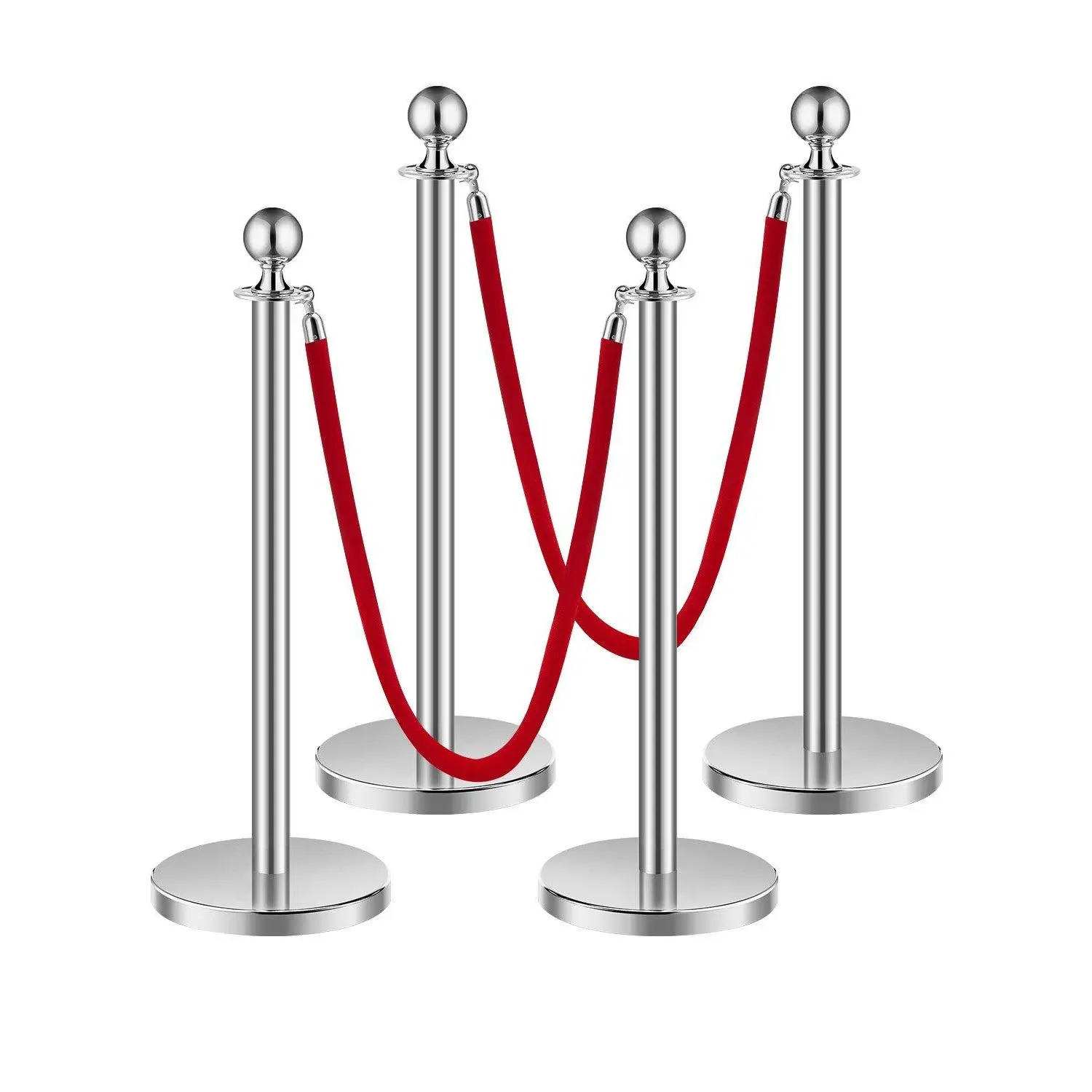 【BackToSchool】VEVOR Silver 201 Steel Stanchions & Velvet Ropes Set (4-Piece, Hollow PE Base, Non-Slip, 2 Red 4.92ft Ropes) - Toolfree Setup Crowd Control Barriers, Wedding Red Carpet Poles, Party Decoration Supplies