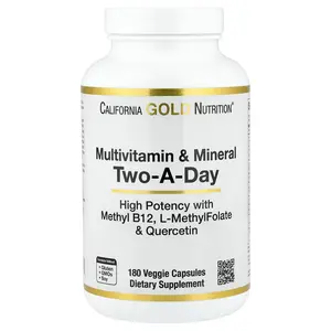 California Gold Nutrition Multivitamin and Mineral with Methyl B12, Vitamin C, L-MethylFolate and Bio-Quercetin, Two-A-Day, 180 Veggie Capsules