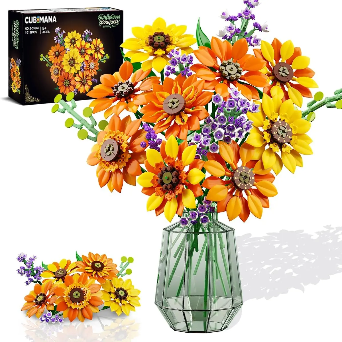 CUBIMANA 1011PCS Sunflower Bouquet Building Set with Lights - 17-Flower Botanical Collection, ABS Decorative Artificial Plant Building Blocks, Art Home Decor Surprise Gifts for Adults Women Girls