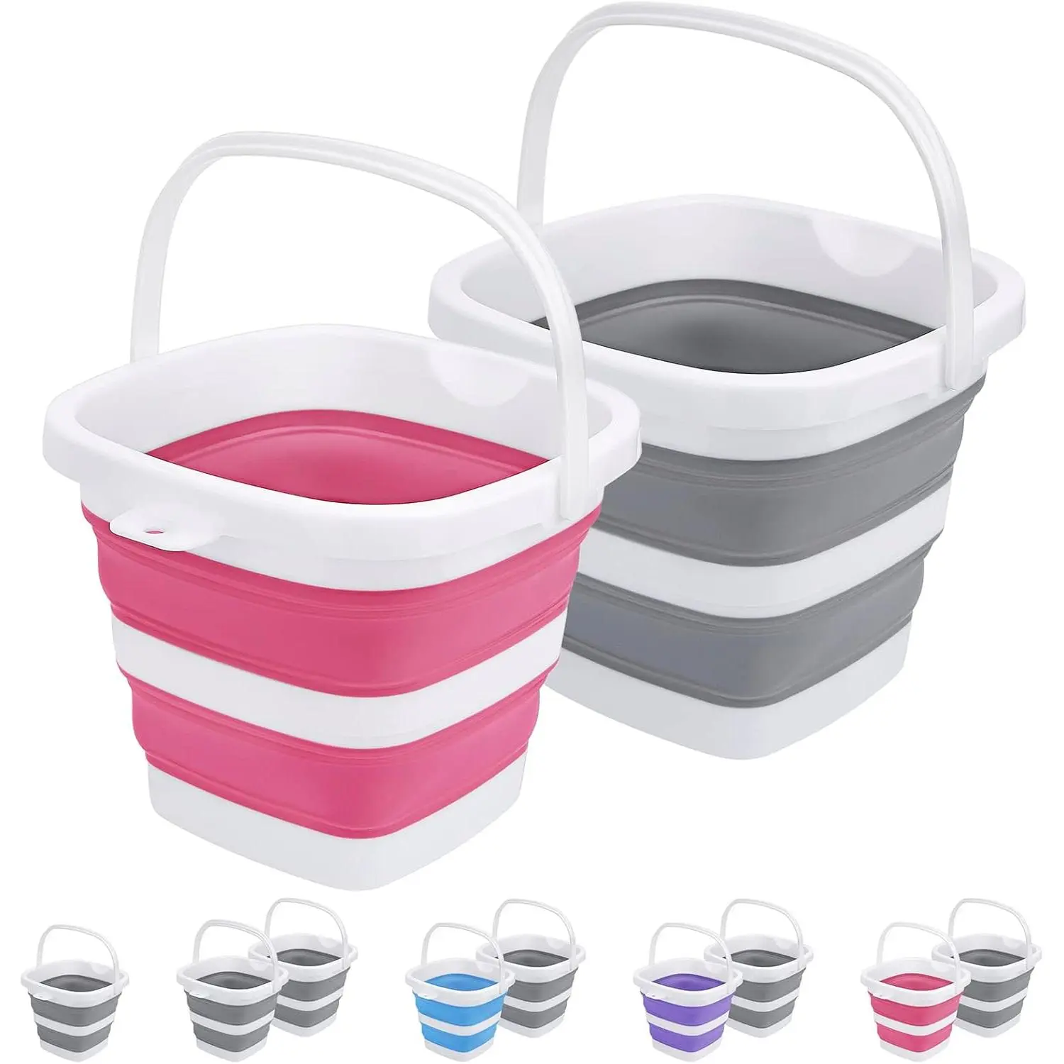 2 Pack Collapsible Buckets 5L 1.3Gallon Small Cleaning Bucket for Household Portable Plastic Bucket Outdoor  Washing Tub Foldable Camping Beach Sand Water Pot Pail Space Saving Square Grey and Pink
