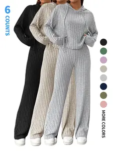 2026 Spring Women's Casual Knit Long Sleeve Tracksuit, Hooded Sweatshirt & Elastic Wide Leg Trousers Co-ord, Knitted Set, Loungewear For All-Seasons, Streetwear Daily Wear, Cozy Womenswear, Spring Break Outfits