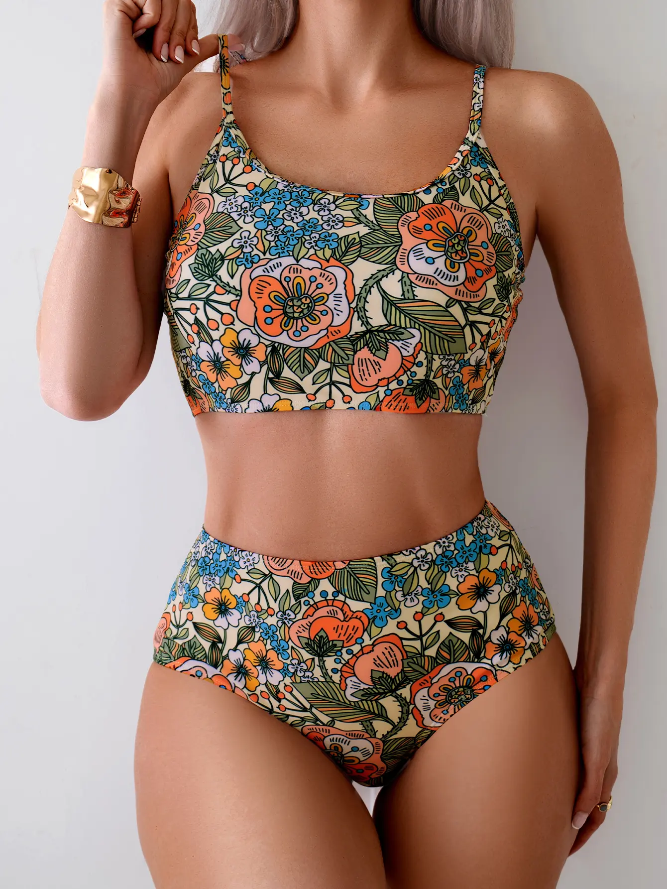 Women's High Waisted Bikini Set, Floral Print Two Piece Swimsuit, Tummy Control Bathing Suit, Full Coverage Swimwear, Beach Vacation Pool Party Swimming Suit