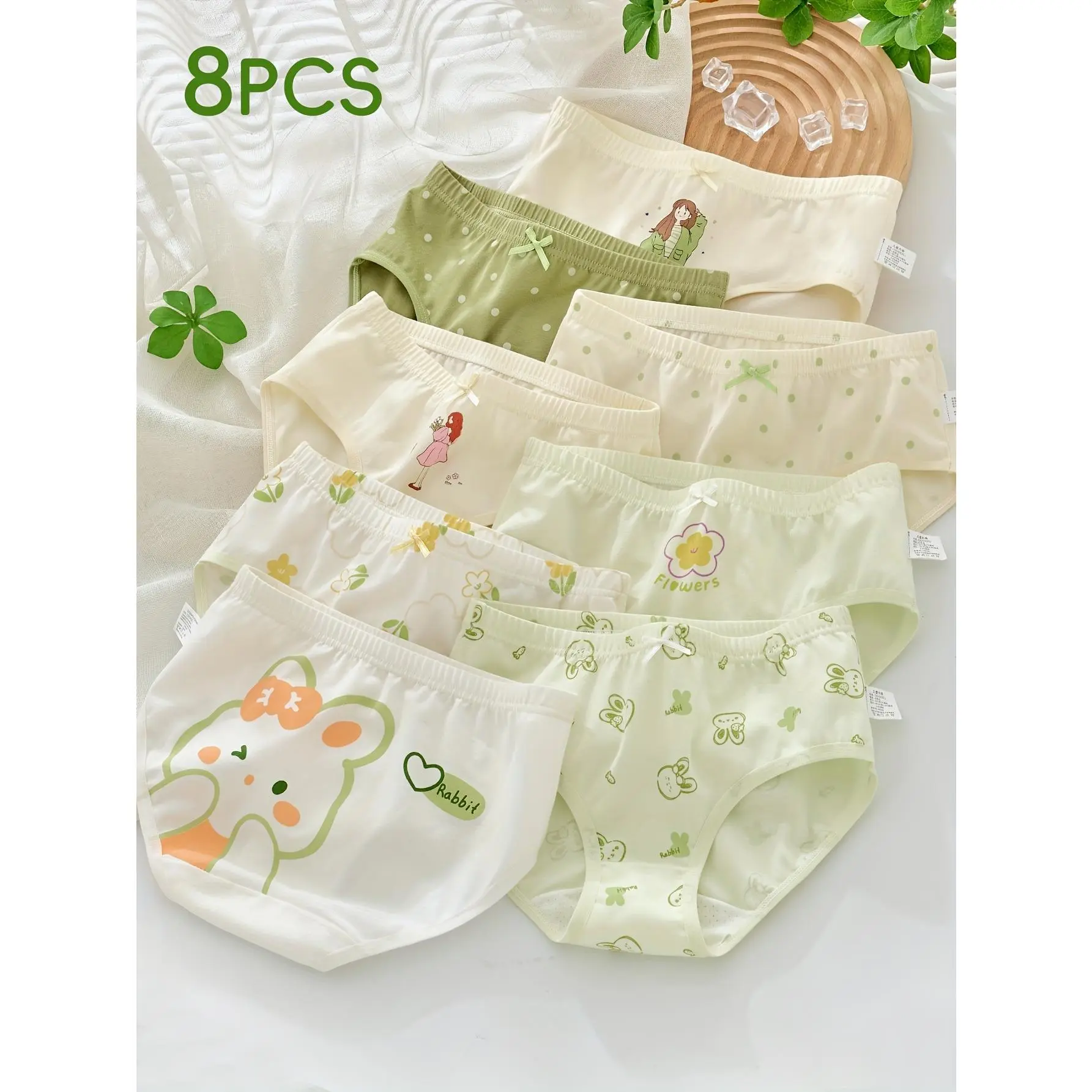 8pcs Soft & Breathable Cotton Blend Girls' Underwear - Cute Princess & Polka Dot Print, Comfortable Mid-Rise Briefs for Youngsters, Machine Washable, Mint Green & White with Adorable Floral Designs