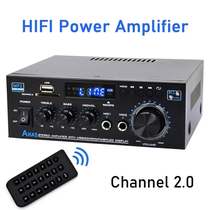 GIFT-C AK45 Bluetooth 5.0 HiFi 2.0 Channel Home Amplifier with USB, SD, RCA, Dual Microphone Support, LED Digital Display, Earth-Shaking Bass, Smartphone Connection for Karaoke Night, Indoor Use
