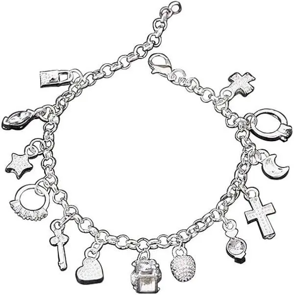 Women's Fashion Cross Bangle, Minimalist Silver Alloy Charm Bracelet with 13 Pendants, Adjustable, Rust-Resistant Gift for Teen Girls, Adjustable Chain, Anti-Discoloration, Birthday, 8.3 Inches, Religious Jewelry Gift, Daily, Elegant, Female