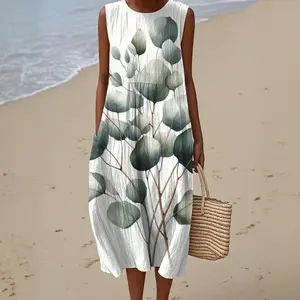 Women's Sleeveless Dress -- Eucalyptus Minimalist Vol 3 - Vacation Summer Outfits Women Sleeveless Maxi Dress Faux Linen Sundress Beach Dress Casual Breathable Fabric Polyester