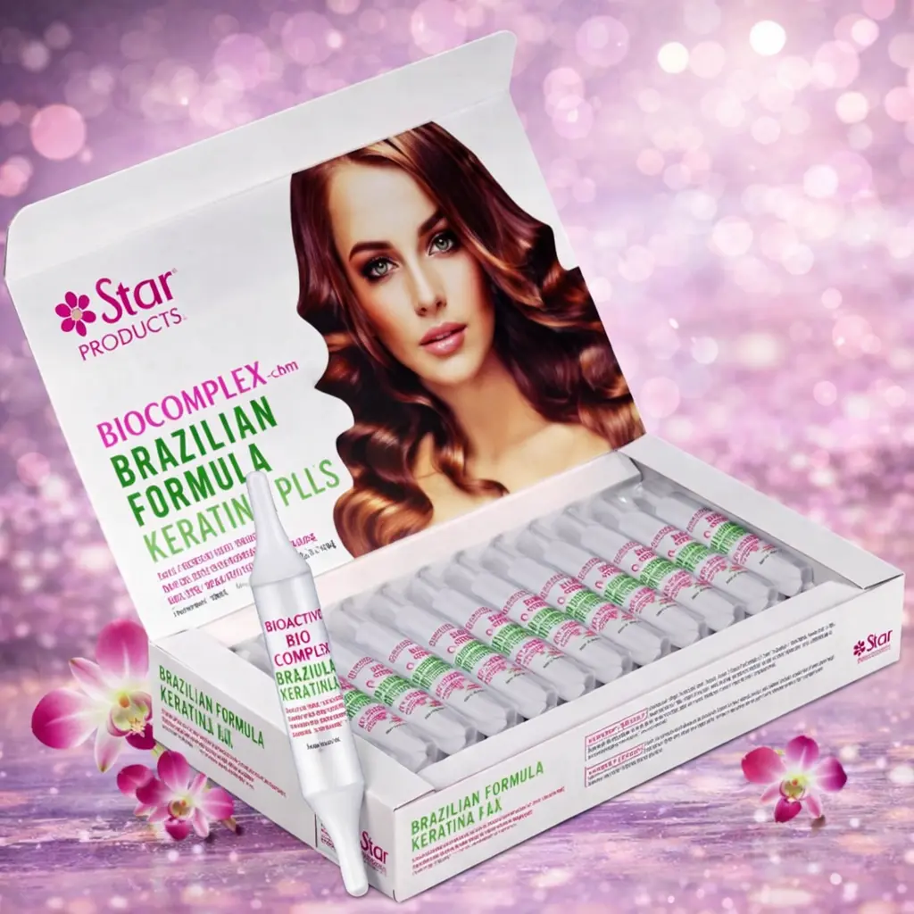 Bio Complex Bioactivo Brazilian Keratin Hair Ampoules, 12-Pack (18mL) - Hydrating Treatment for Frizz Control, Smoothing, and Shine for Dry or Curly Hair, Hydrating Moisturizing Hair