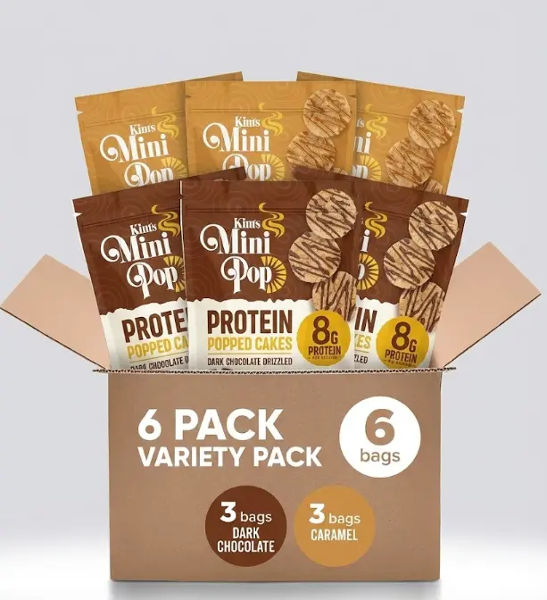 Kim’s Protein Mini Pop Variety Pack: Dark Chocolate & Salted Caramel Drizzled Cakes – 8g Plant-Based Protein, Gluten-Free, Guilt-Free Healthy Snack, 4 oz Bags (Pack of 6)