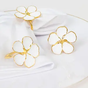 4 Pack White and Gold Metal Flower Napkin Rings, Floral Serviette Buckle Napkin Holder Set - Plum Blossom Design