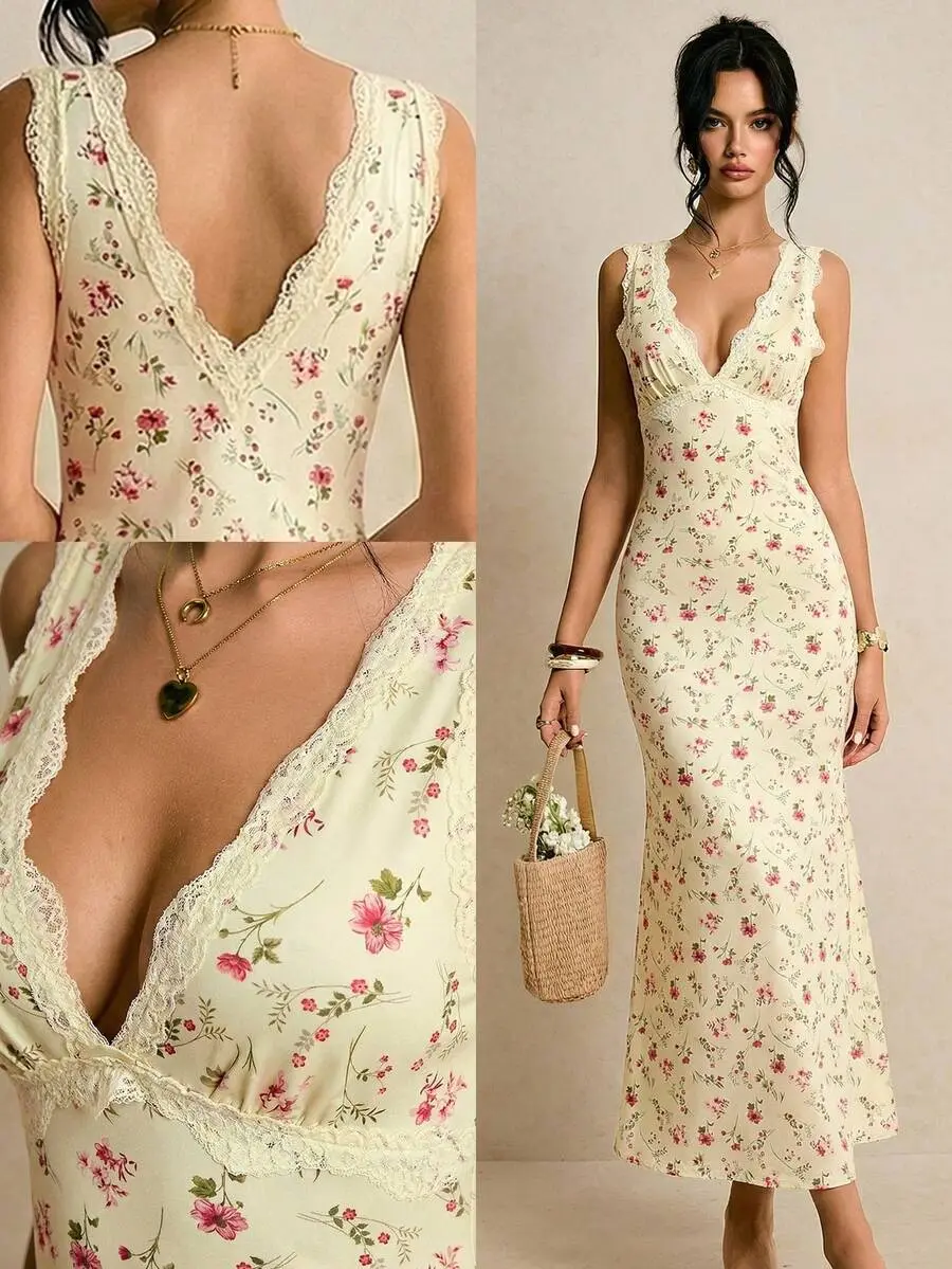 Women's Floral Lace Patchwork Maxi Dress, Sleeveless V Neck A-Line Silhouette with Open Back, Vintage Cottagecore Long Sundress for Garden Parties and Summer Vacations