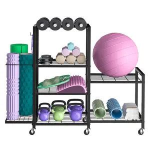 Explorinox Home Gym Storage Rack with Wheels, Adjustable Dumbbell Storage Yoga Mat Organizer, Multi-Purpose Fitness Equipment Stand
