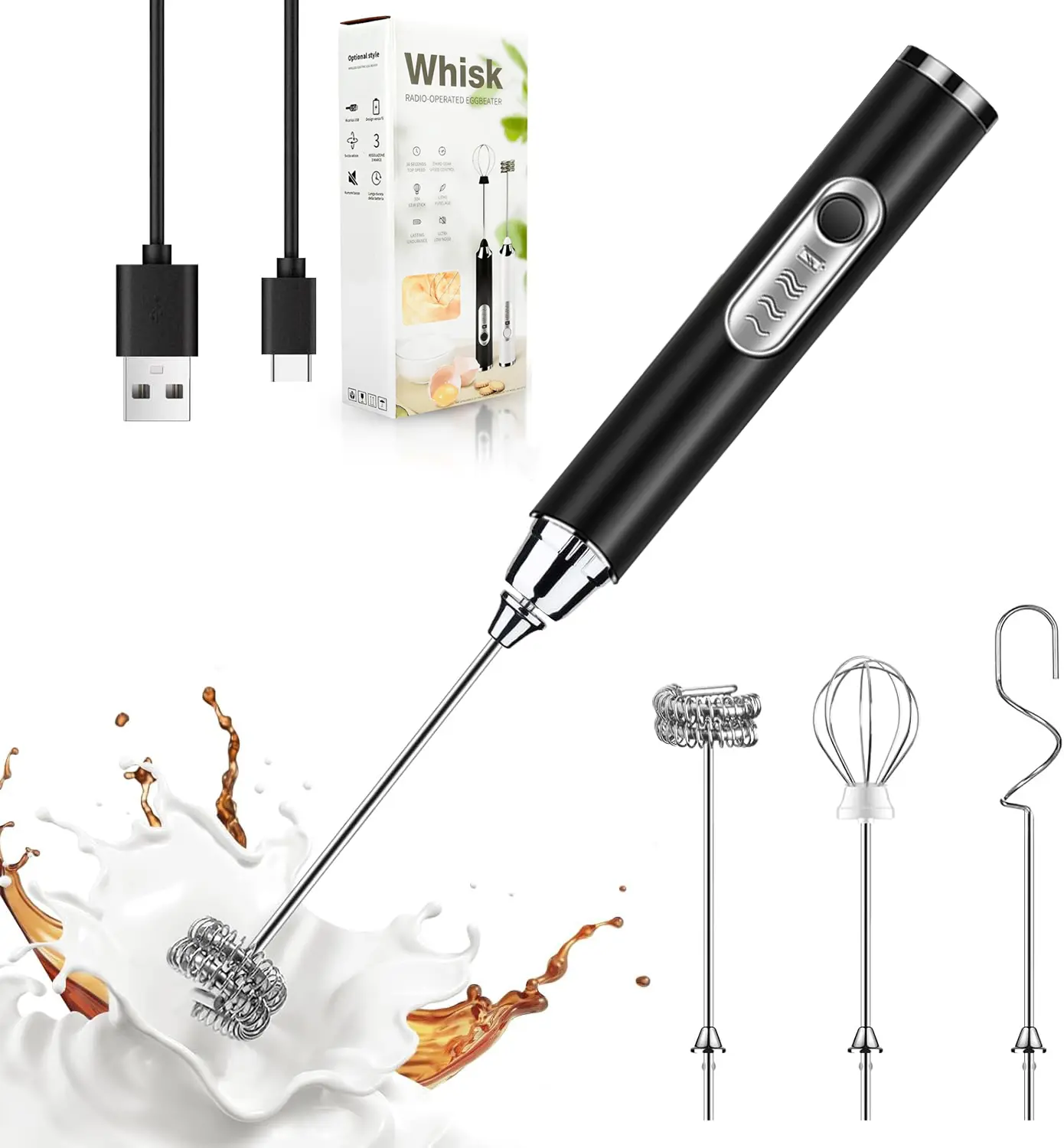Cordless Milk Frother - Rechargeable USB-Charging Handheld Coffee Equipment with 3 Detachable Stainless Steel Whisks (Powder Mix Hook, Egg/Cream Balloon), 3-Speed Settings, Ergonomic Handle, Compact ABS Plastic Electric Mixer, 1500mAh Battery Level Light