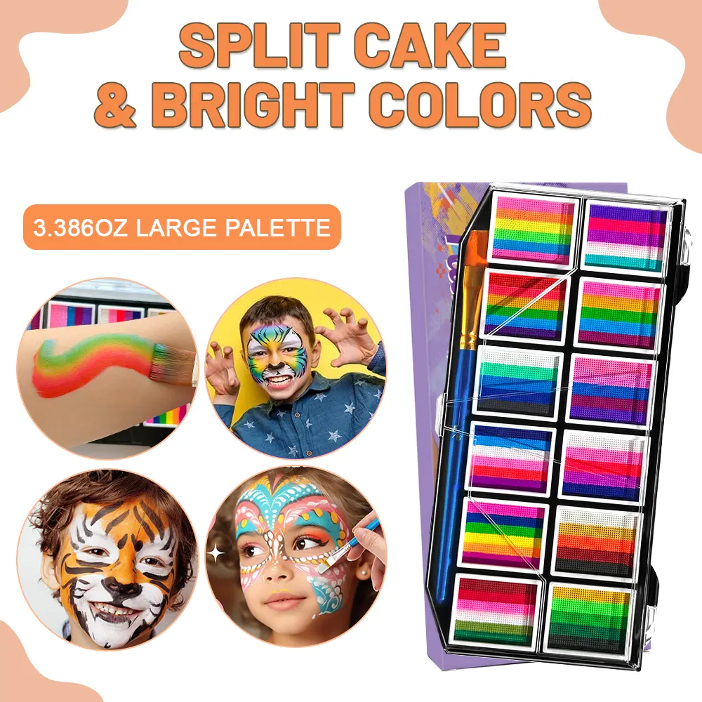 12-color color-block watercolor oil paints; rich, vibrant colors that are safe, non-toxic, and non-irritating. Cleans off quickly with water and leaves no residue. Suitable for face and body painting on various skin types. Provides even coverage and stron