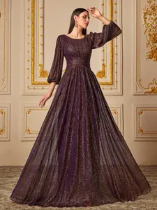 Elegant Women's Party Dress, Round Neck Lantern Sleeve, Waist-Curling Sequins Fitted Evening Gown, Perfect for Special Occasions