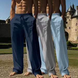 Men’s 3-pack comfortable solid-color straight-leg pants—casual loose fit with drawstring elastic waistband and pockets; long pants suitable for summer beach vacations and everyday wear.