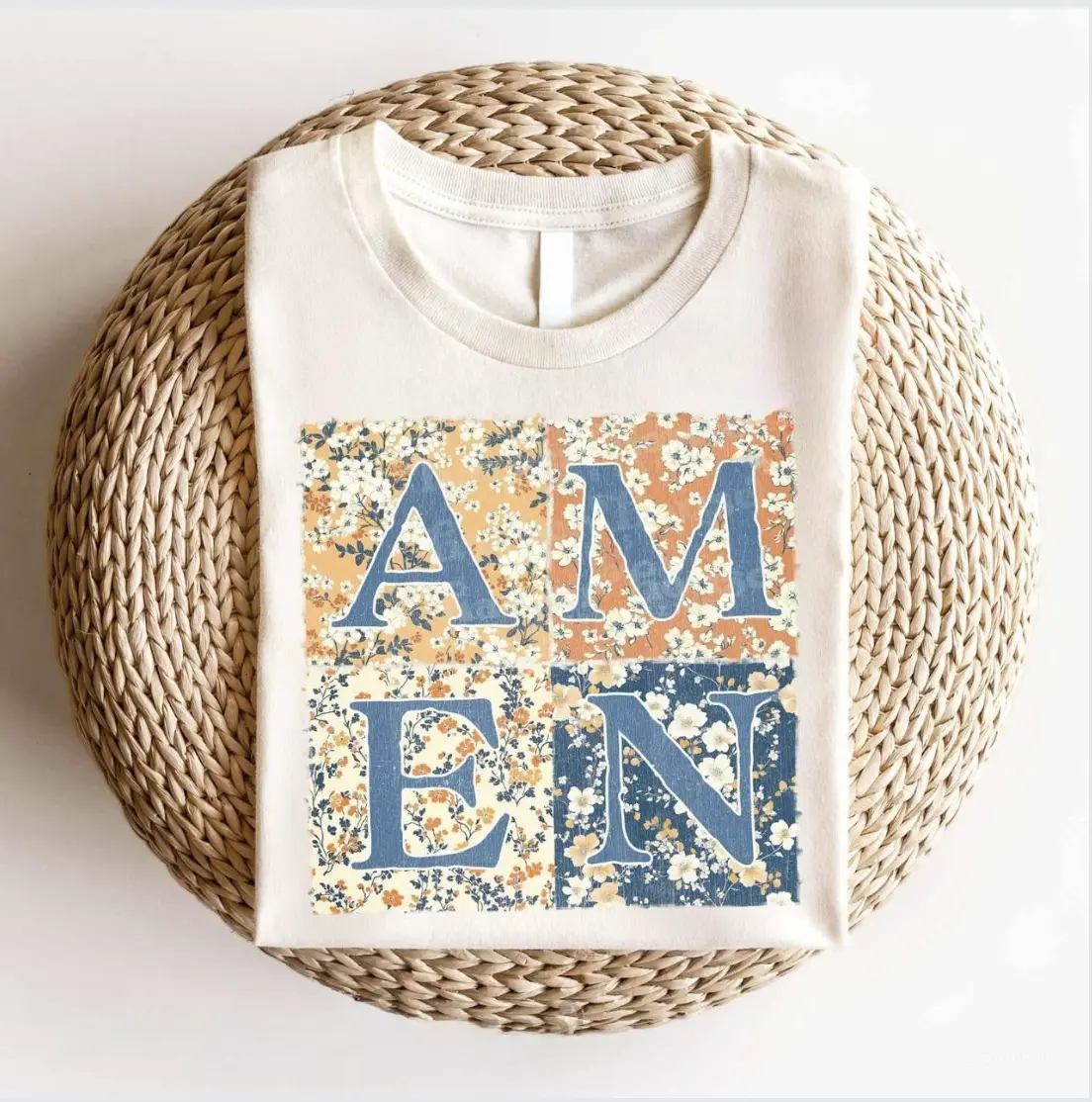 Christian Faith AMEN T-shirt, Unisex Casual Top with Floral Patchwork Printed Graphic, Soft Cotton Fabric, Tshirt