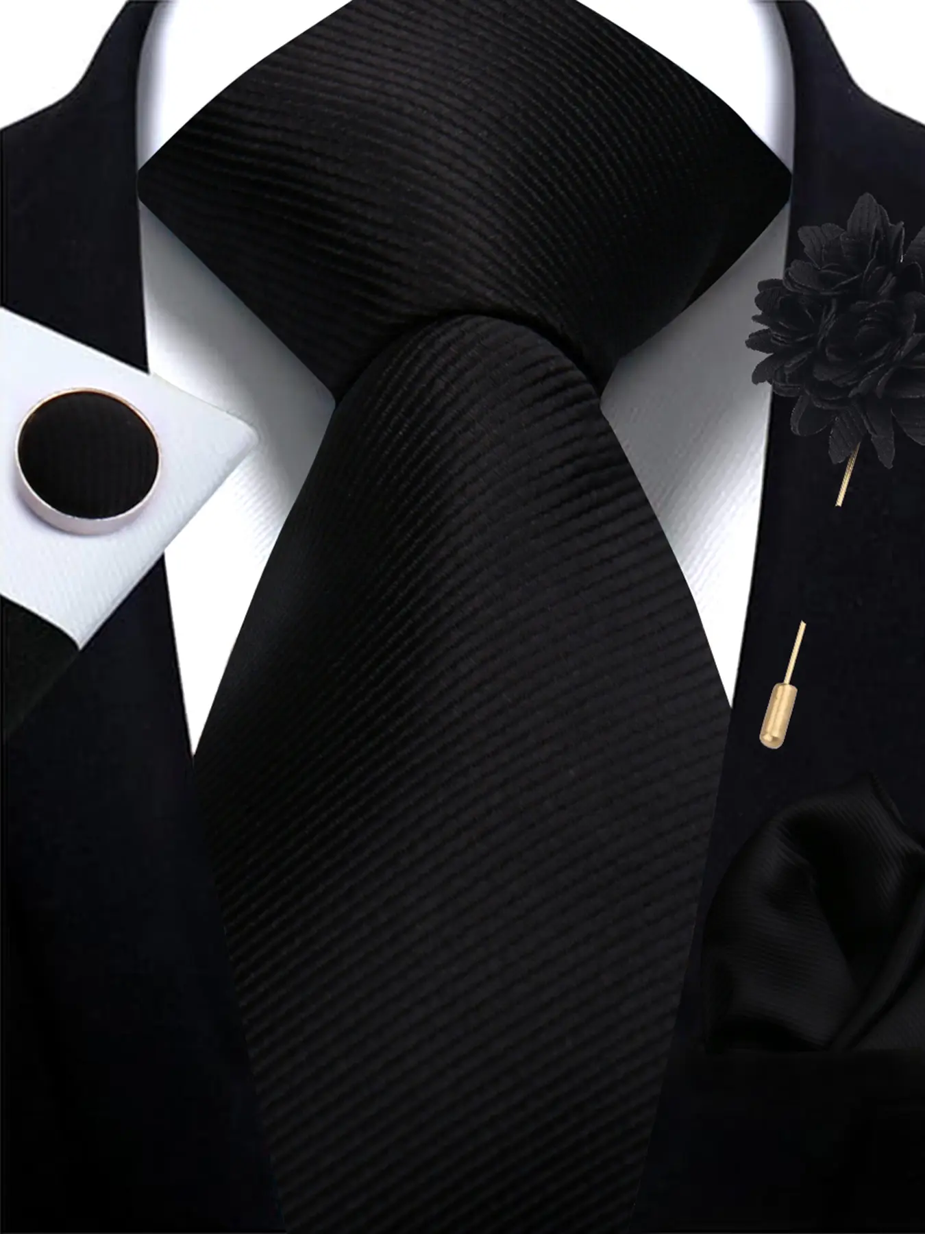 Men's Business Suit Set, Pure Color Soft Fabric, Soft Polyester, Plain Pattern, Includes Regular Width Tie, Pocket Square, Cufflinks & Brooch, Essential Accessories, Ideal for Interviews & Formal Wear, All Seasons, Plain Ties