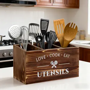 Kitchenware storage box with 3 wooden compartments, cooking utensil storage rack, suitable for countertop rural wooden kitchen tools decoration tableware (brown)