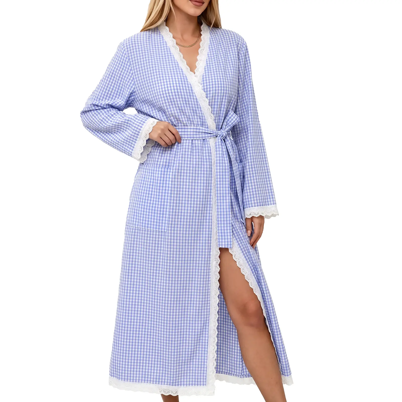 Yimoon Color-block belted loungewear robe for women, loose-fitting, long-sleeved, plaid design featuring lace trim and a tie-waist