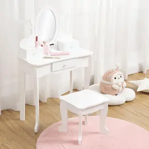 Garvee Children's Vanity Set with Adjustable Corner Mirror, Table and Chair Set for Girls with Mirror, Stool and Wooden Play Makeup Set, White
