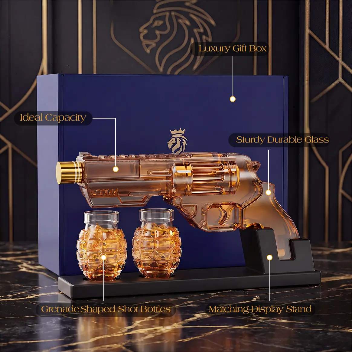 Kollea Whiskey Decanter Set with Luxury Gift Box,Grenade-Shaped Shot Bottles,Man Cave Bar Accessories,12.83oz Lead-Free Glass Decanter&Wooden Stand,Gifts for Men,Father,Husband,Boyfriend&Military Enthusiasts,Empty Decanter,No Alcohol Included,sohochic