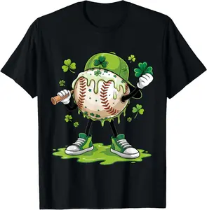 Baseball Drip St Patricks Day Boys Baseball St Patricks Day T-Shirt Cotton Fabric