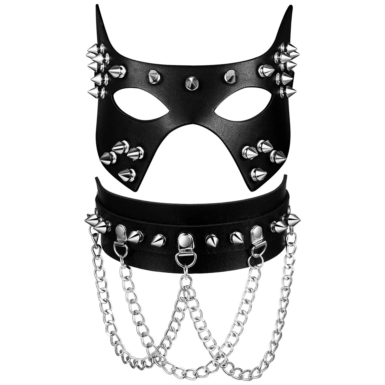 OIDEA 2-Piece PVC Leather Punk Rivet Mask and Chain Choker Accessories Set Pack - Halloween Cosplay, Christmas Party Wear, Ideal Gift