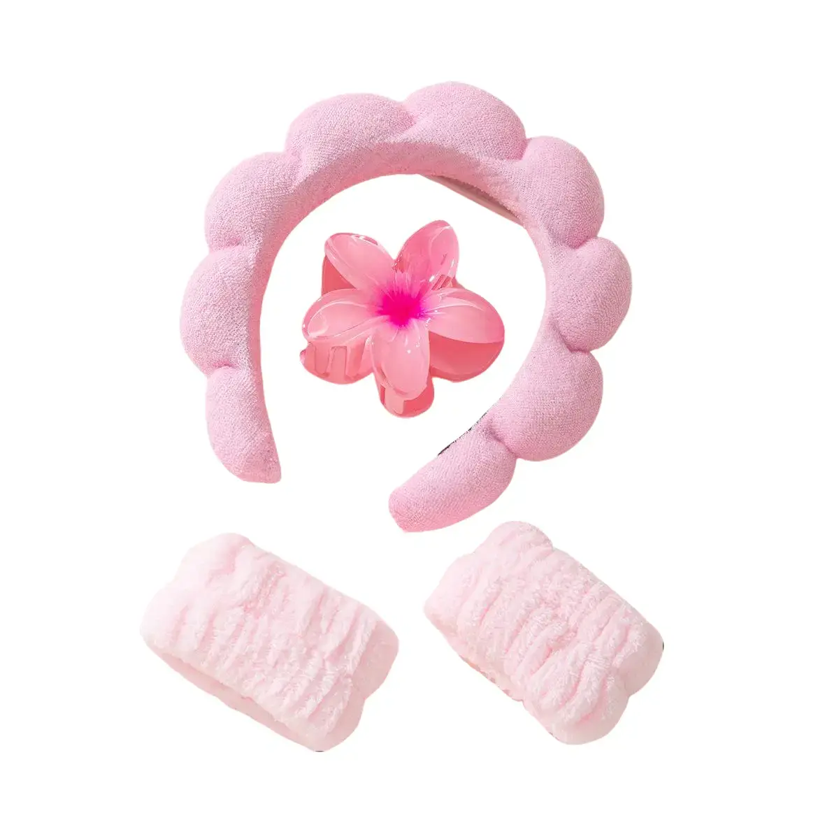 4-Piece Spa Headband and Wristband Flower Hair Clip Set Sponge Waterproof Bubble Headband Dallas for Face Wash Skin Care Headband and Makeup Headband Hair Accessory Gifts for Women Girls