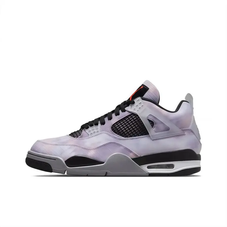 Pastel purple gradient cloud mid-top basketball sneakers, viral unisex hypebeast street kicks, breathable grid mesh, visible heel air cushion, translucent plastic side bracket, trendy pastel streetwear footwear, skate trainers,