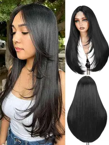 Long Straight Wigs for Women, 26 Inch Layered Wig, Middle Part Synthetic, Glueless, Heat Resistant, Hair Replacement Wigs