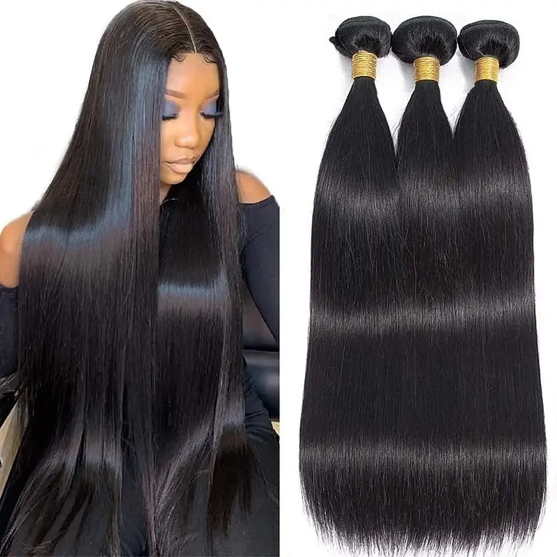 Straight Bundles Human Hair Brazilian Human Hair Bundles 3pcs 100% Unprocessed Virgin Hair Weave Bundle Extensions for Women Natural Black Color