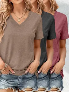 Colorful Cotton V-Neck Short Sleeve T-Shirt 3-Piece Set, Casual Fitted Top, All Seasons Wear, No Button Collar Zipper