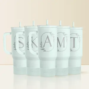 Sandjest Mint Personalized Initial 40oz Tumbler with Straw & Handle Stainless Steel Insulated Vacuum Cup, Home School Office, Christmas Birthday Gift