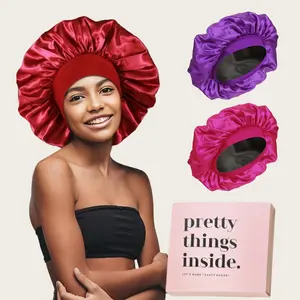 Alipearl Hair Satin Silk Hair Bonnet for Sleeping Double Layer Reversible Hair Cap with Elastic Soft Band Random Color(2 Pieces/ Box)