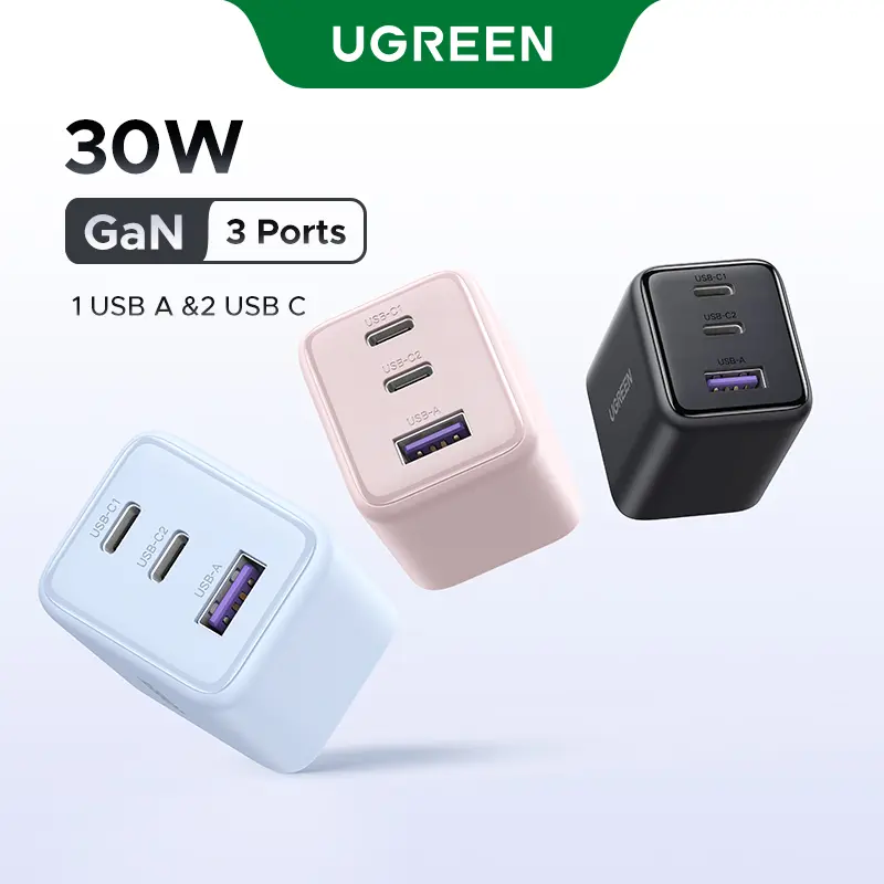 UGREEN 30W 2C1A/20W 1C1A/45W 4CIA GaN PPS Compact Fast Wall Charger Block USB-C Power Adapter for iPhone Galaxy S25/S24/S23 with Free Gift US Plug 2 USB C + 1 USB A,Summer Sale