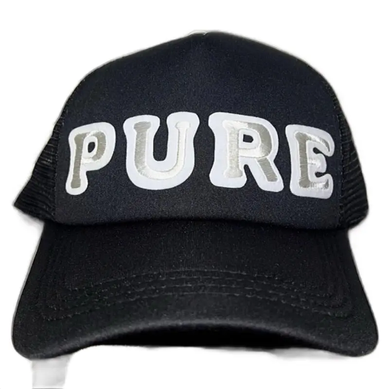 PureCo Classic PureSnap Back Trucker Hat with White "PURE" Varsity Patches Black Color Adjustable Fit Baseball Cap