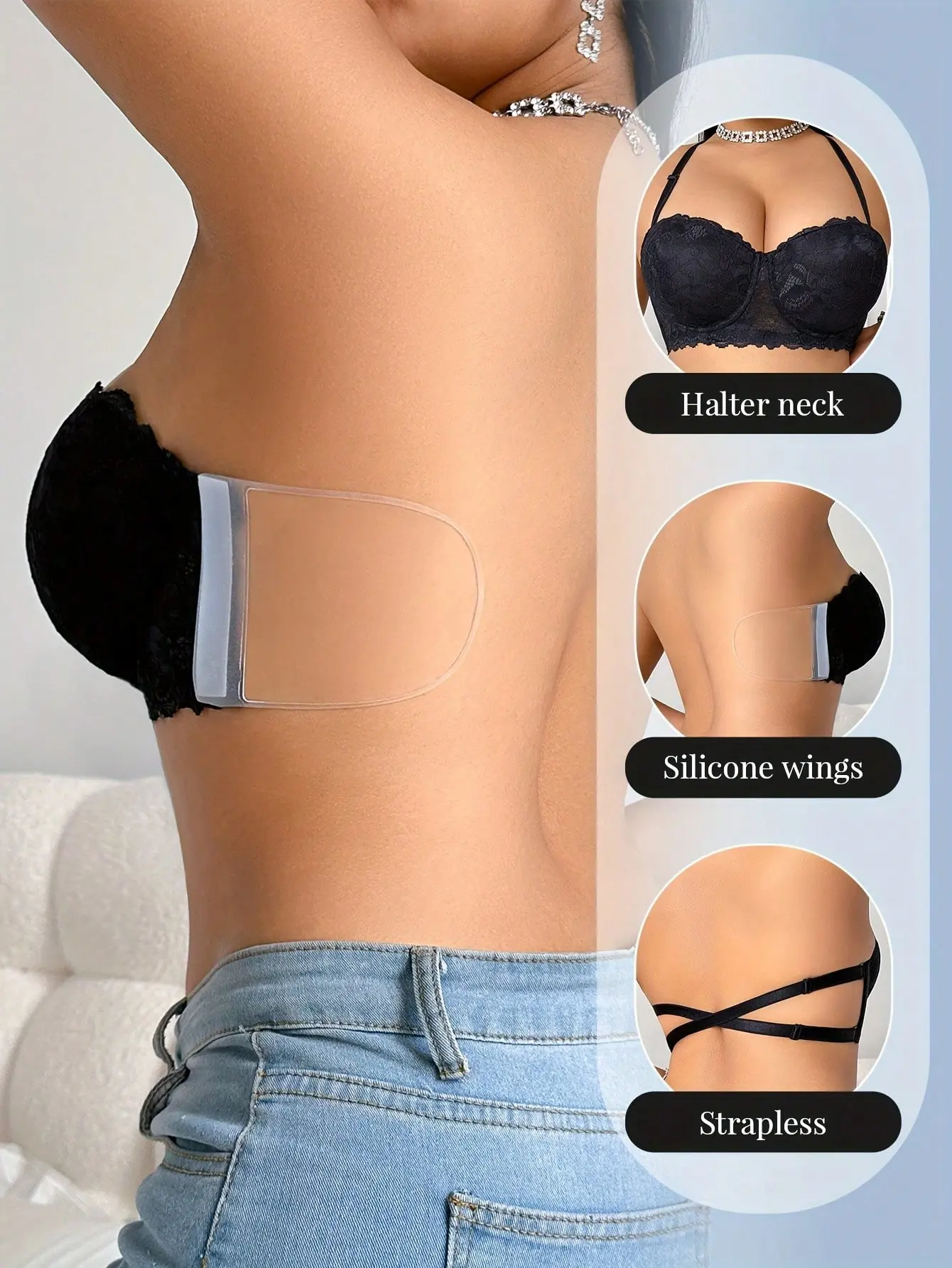 Lady's Plus Size Elegant Lace Underwire Push Up Lift Bra - Backless, Strapless, Silicone Side Support, Detachable Straps, Anti-Sagging, Anti-Slip for Summer Outfits, Party, Camisole, Formal Wear
