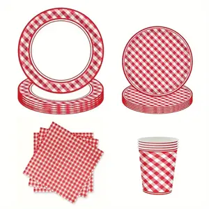 80pcs Gingham Party Supplies, Disposable Paper Luncheon Napkins, Checkered Dinner Plates, and Disposable Cups for BBQ, Picnic, Birthday Parties