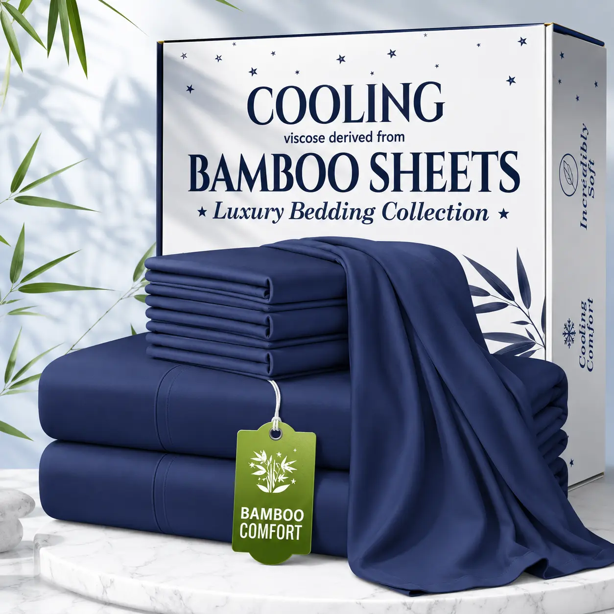 Jollyvogue Extra Deep Pocket Bamboo Sheets - 6 Pcs Breathable & Cooling Bed Sheet Set, Hotel Luxury Fitted Soft Wrinkle-Free For Mattresses, Twin/Full/Queen/King Size Pillowcase Sets