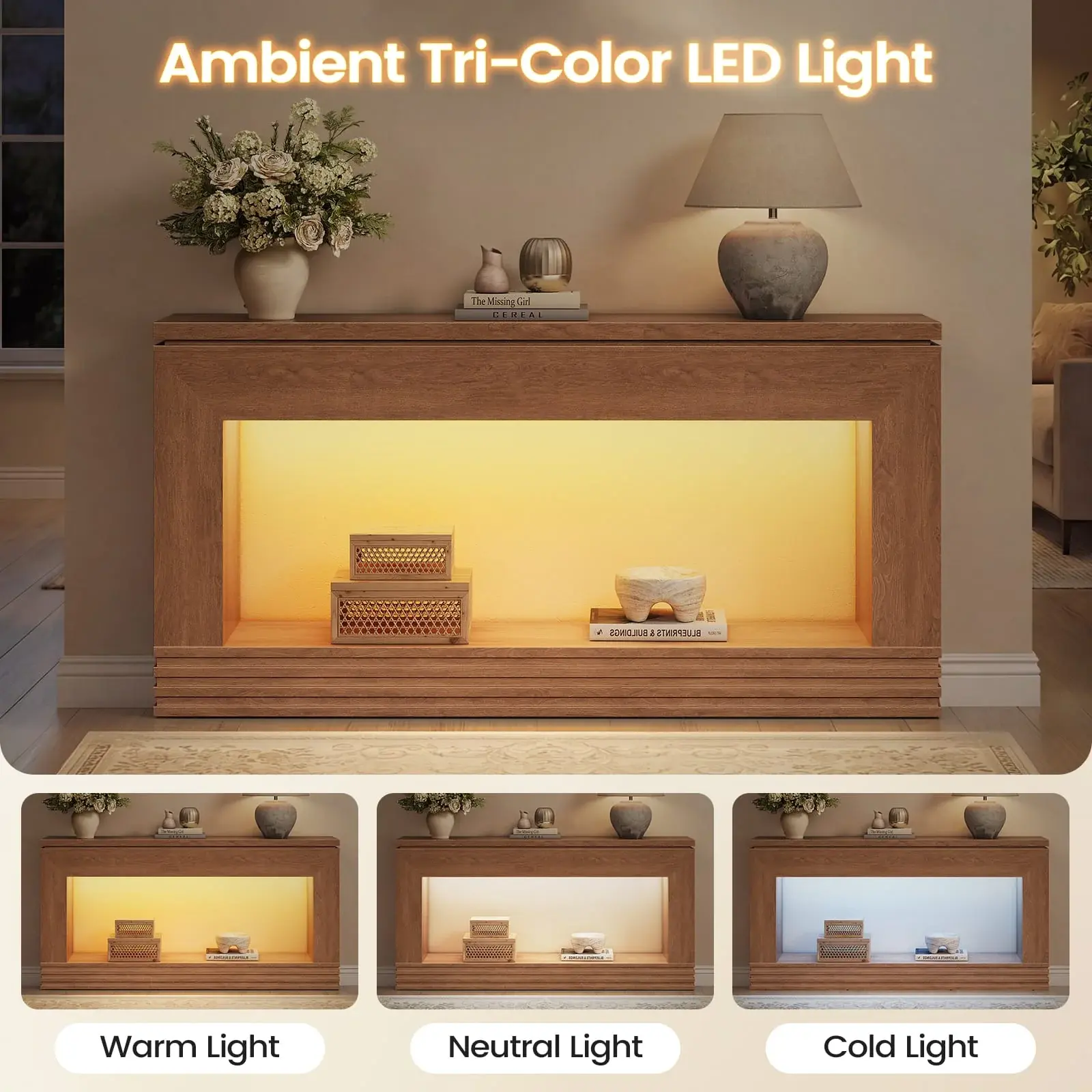 SIKAIC 63-In Modern Wood Console Table - Walnut Entrance Foyer Table with 3-Color LED Lighting, App-Controlled Modes, Double-Tier Design, Anti-Tip Feature